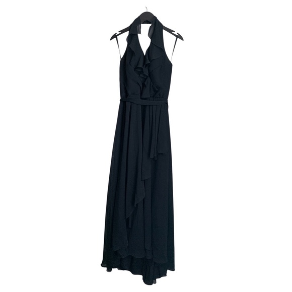 Angelina Faccenda Black Dress Size 12 Halter Ruffles Formal Gown Sleeveless - Picture 2 of 7